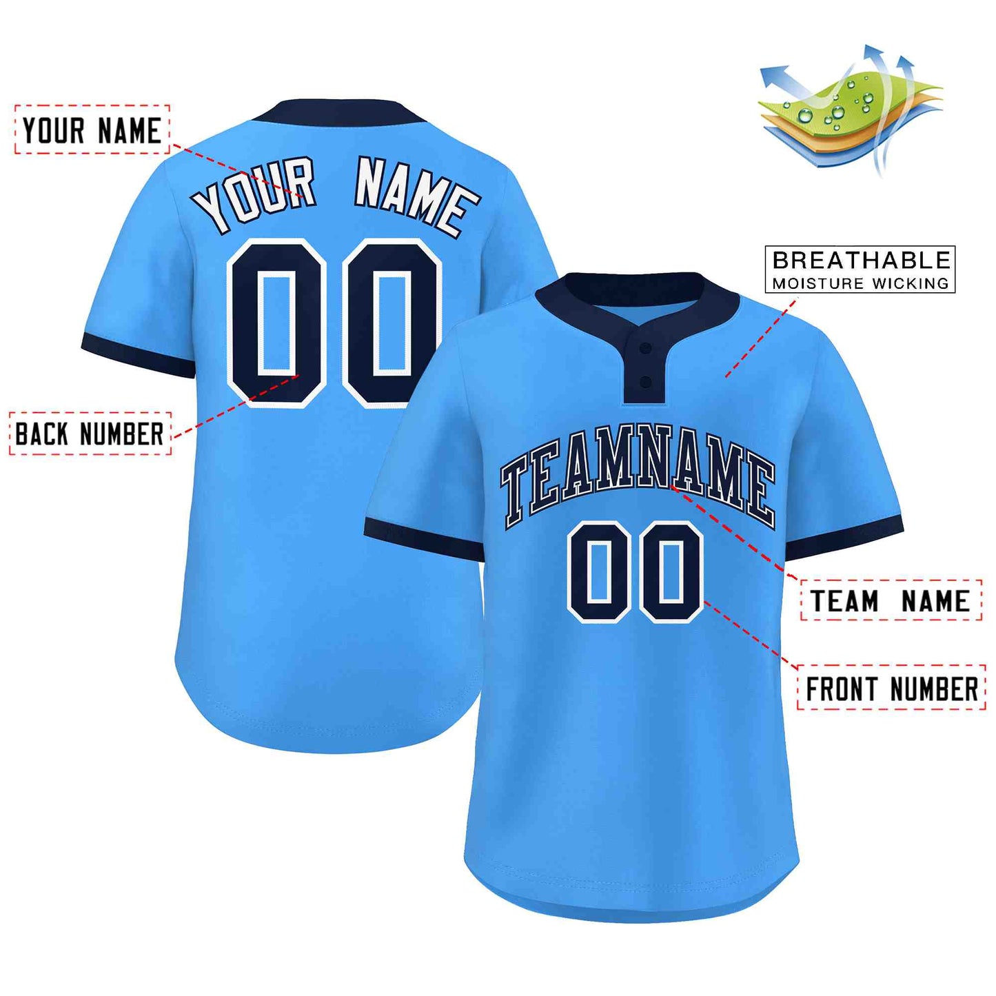 Custom Powder Blue Navy-White Classic Style Authentic Two-Button Baseball Jersey