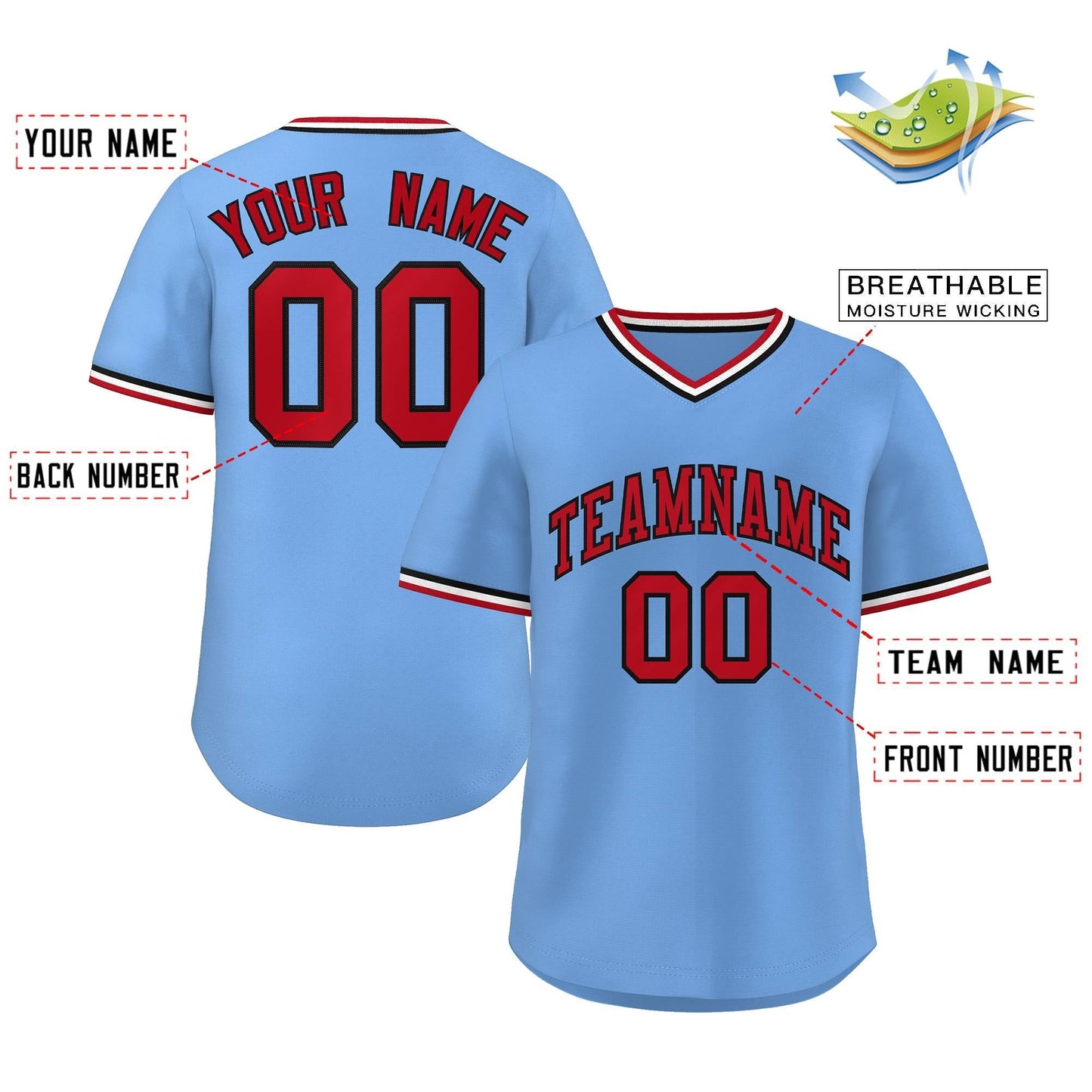 Custom Light Blue Red-White Classic Style Authentic Pullover Baseball Jersey