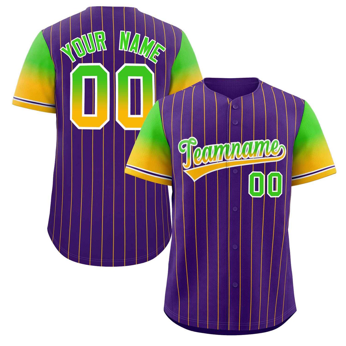 Custom Purple Neon Green Gold-White Stripe Font Gradient Fashion Authentic Baseball Jersey