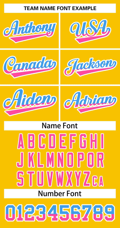 Custom Gold Powder Blue Pink-White Stripe Font Gradient Fashion Authentic Baseball Jersey