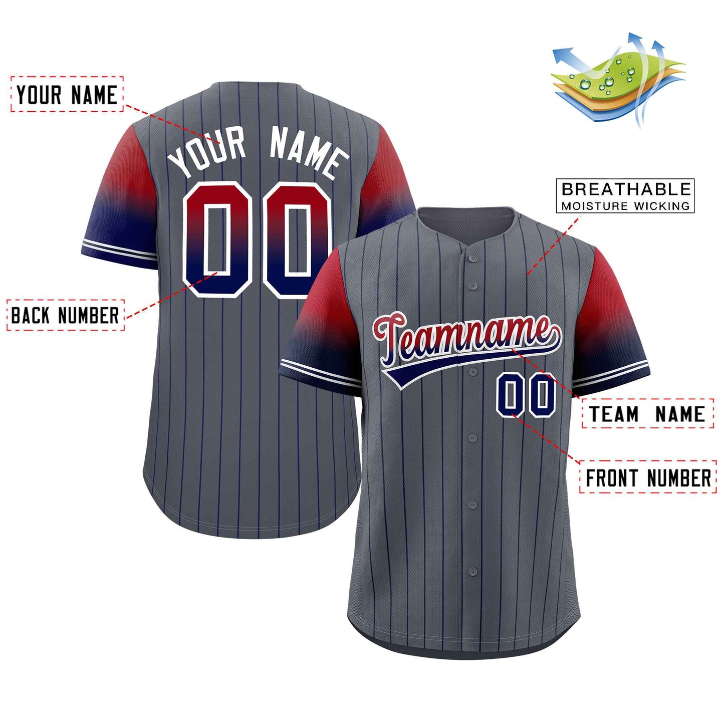 Custom Dark Gray Red Navy-White Stripe Font Gradient Fashion Authentic Baseball Jersey