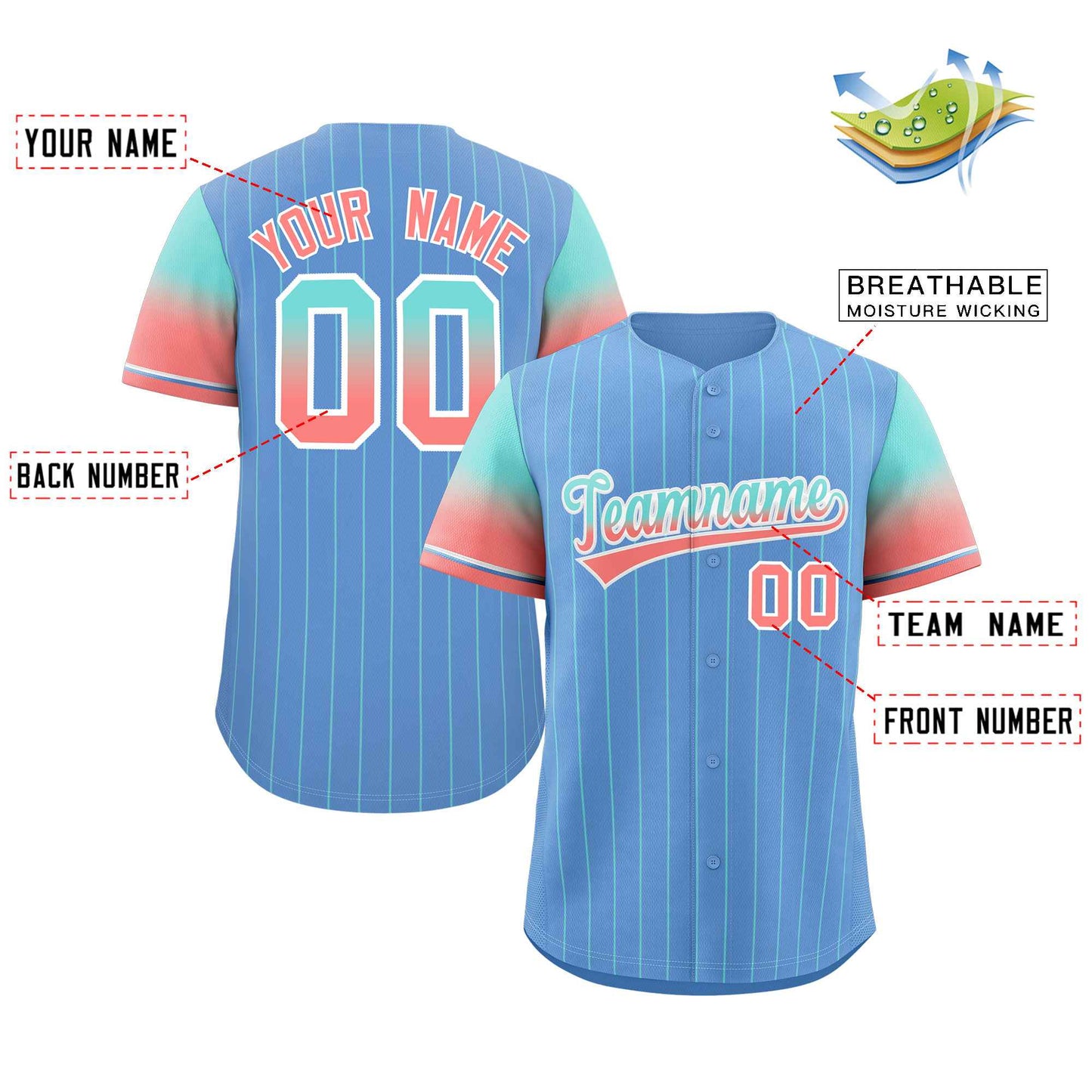 Custom Light Blue Aqua Red-White Stripe Font Gradient Fashion Authentic Baseball Jersey