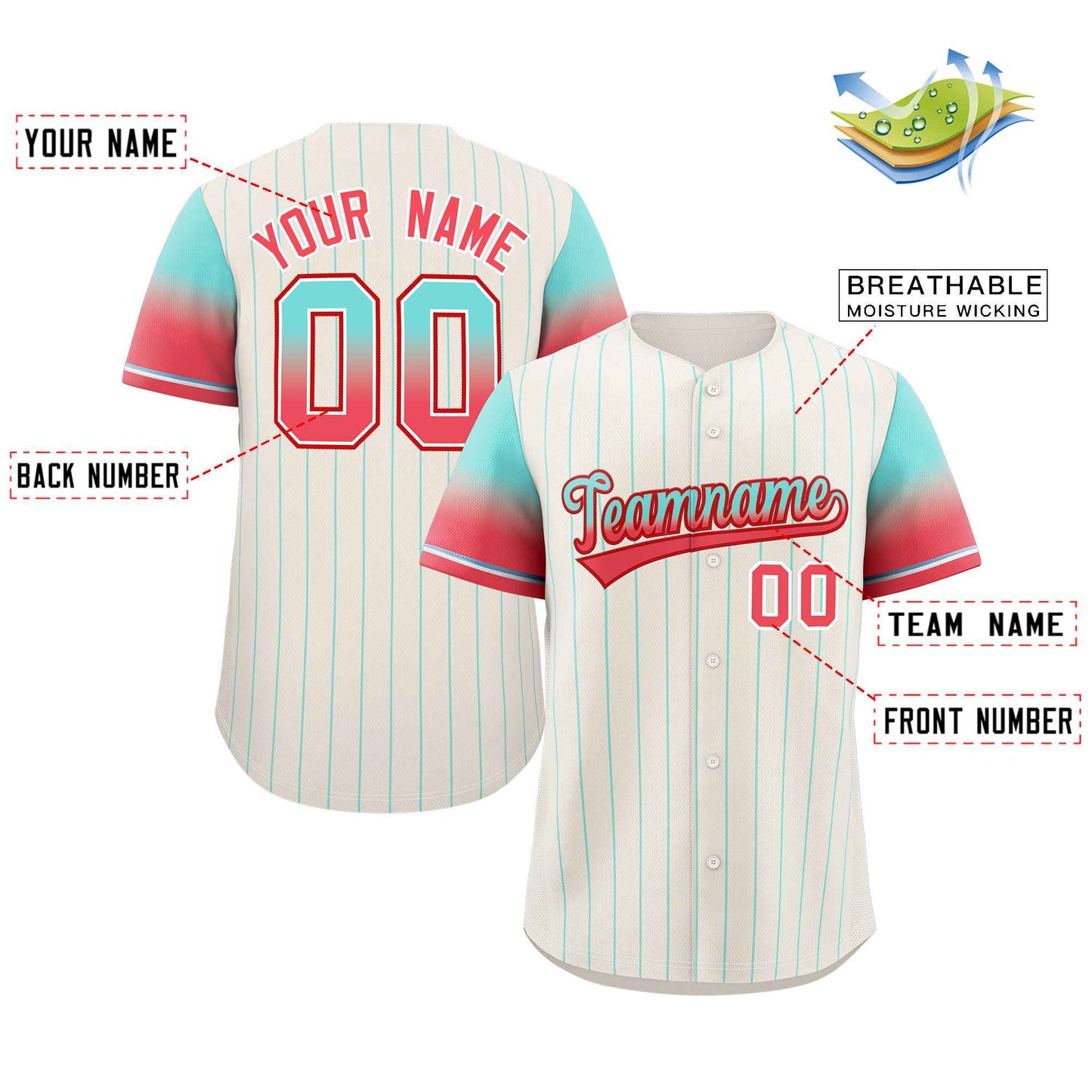 Custom Cream Aqua-Red Stripe Font Gradient Fashion Authentic Baseball Jersey