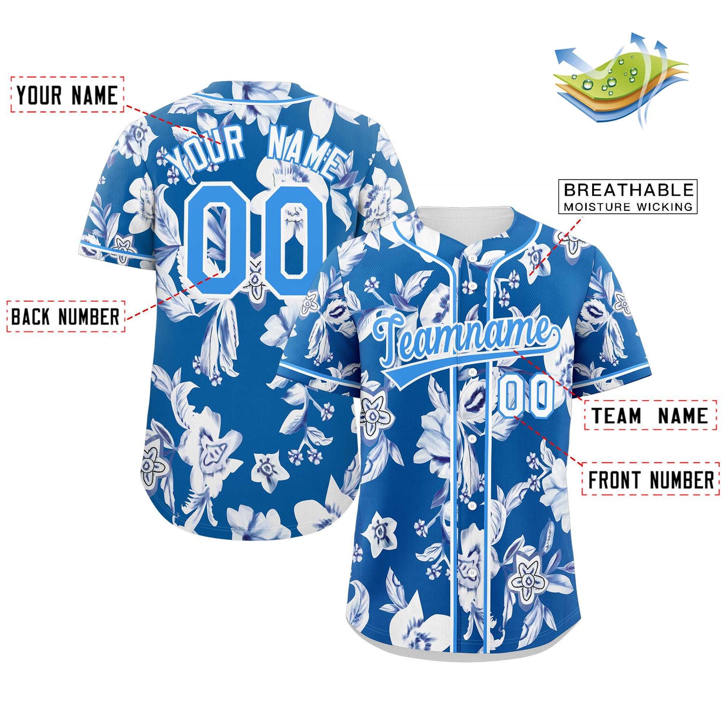 Custom Royal Powder Blue-White Graffiti Pattern Authentic Flower Baseball Jersey