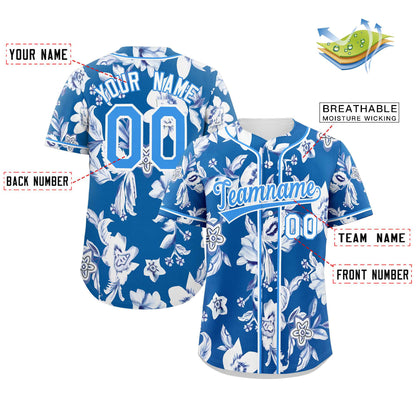 Custom Royal Powder Blue-White Graffiti Pattern Authentic Flower Baseball Jersey