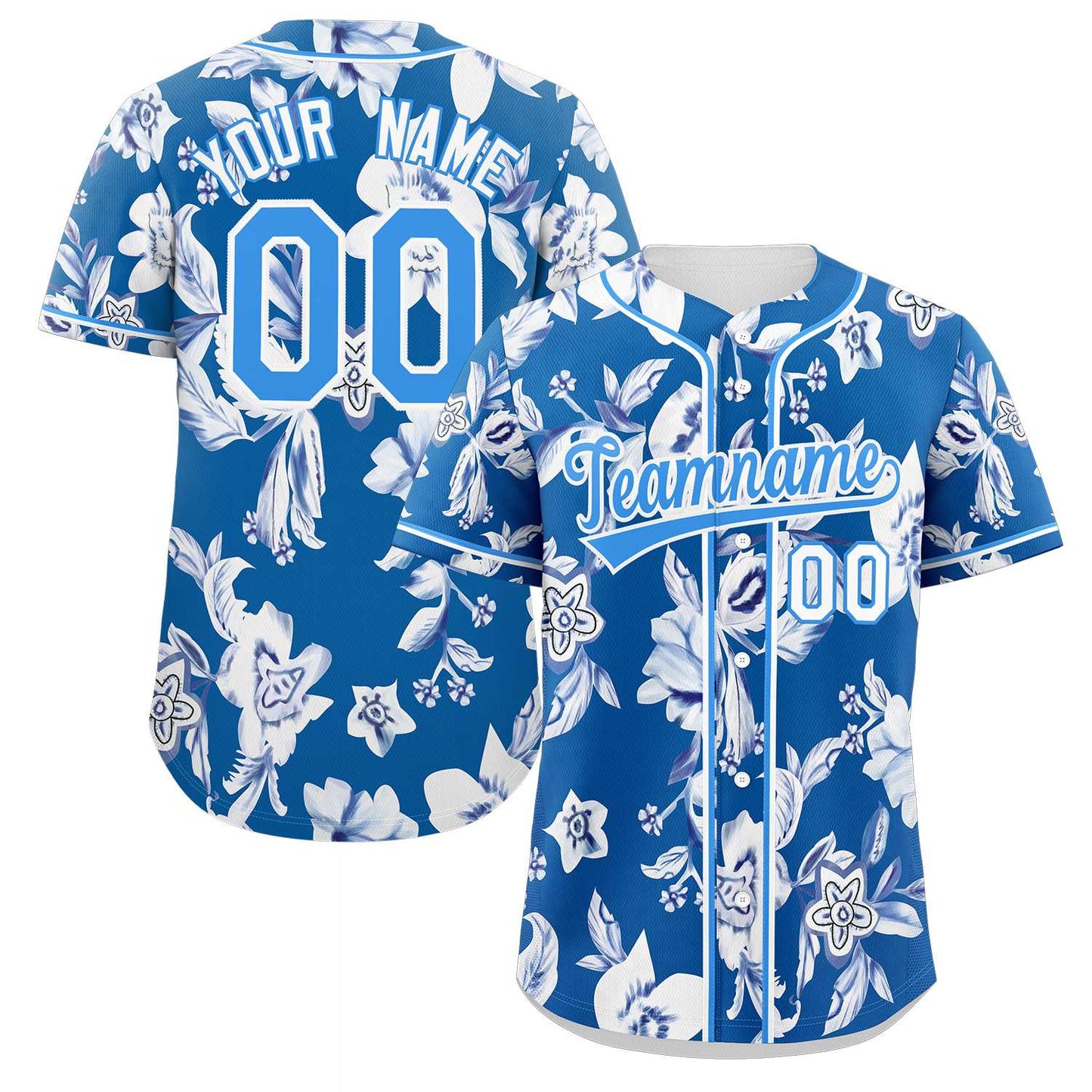 Custom Royal Powder Blue-White Graffiti Pattern Authentic Flower Baseball Jersey