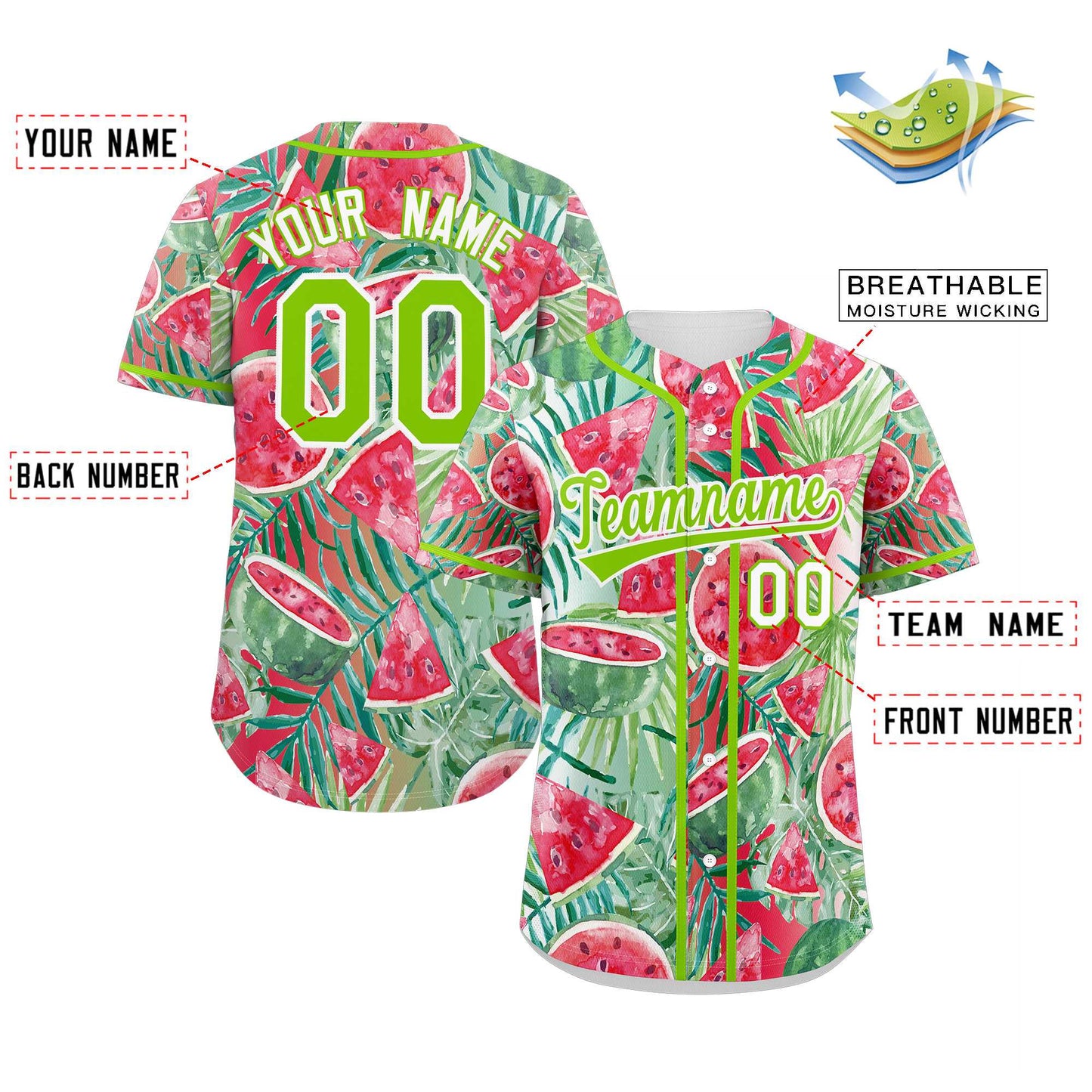 Custom Red Neon Green-White Graffiti Pattern Authentic Watermelon Baseball Jersey