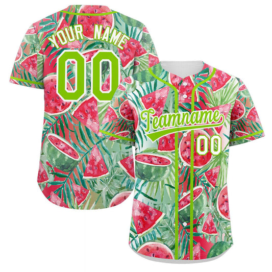 Custom Red Neon Green-White Graffiti Pattern Authentic Watermelon Baseball Jersey