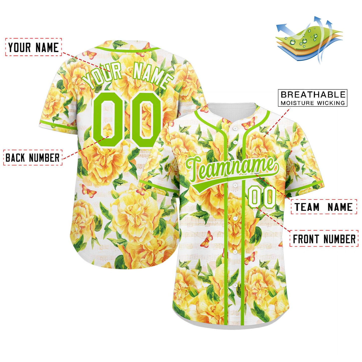 Custom Yellow Neon Green-White Graffiti Pattern Authentic Flower Baseball Jersey