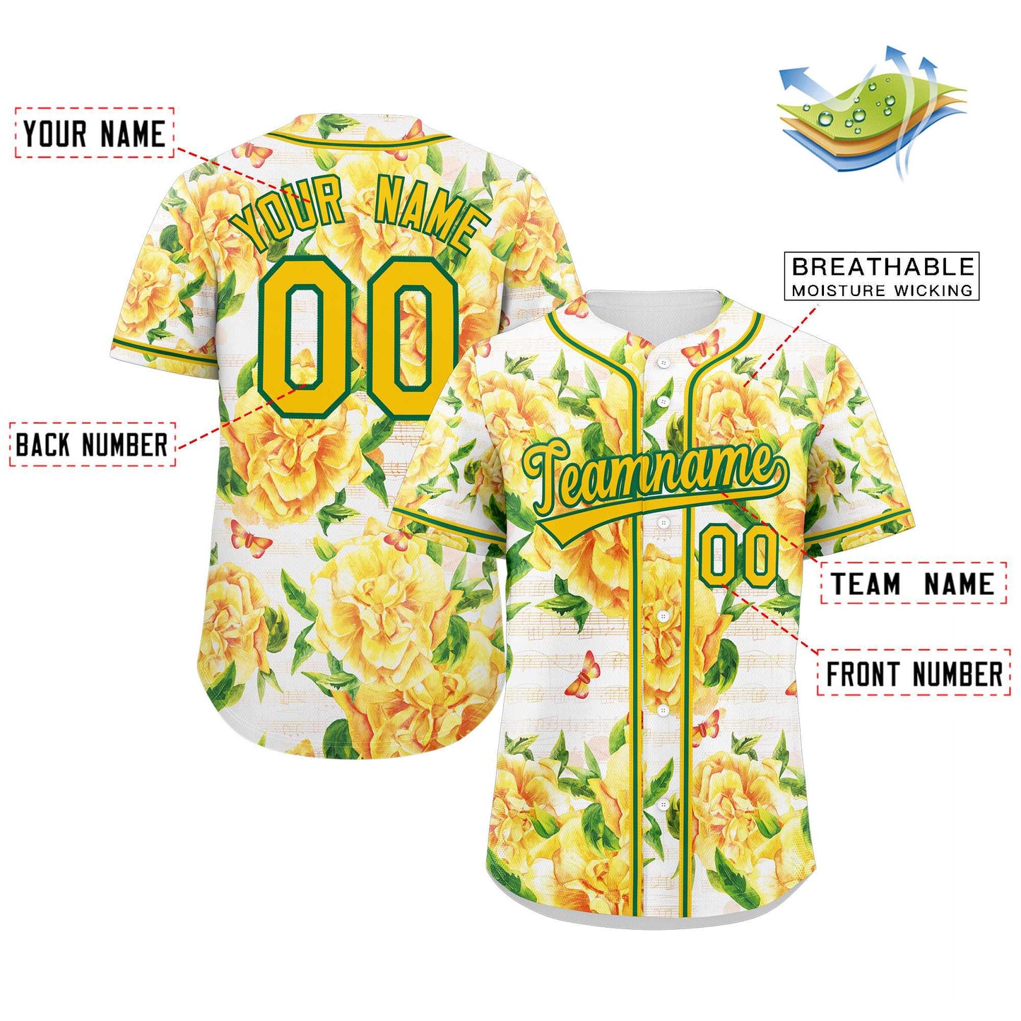 Custom Yellow Gold-Kelly Green Graffiti Pattern Authentic Flower Baseball Jersey