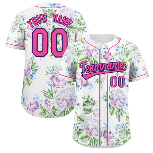 Custom White Pink-Purple Graffiti Pattern Authentic Flower Baseball Jersey