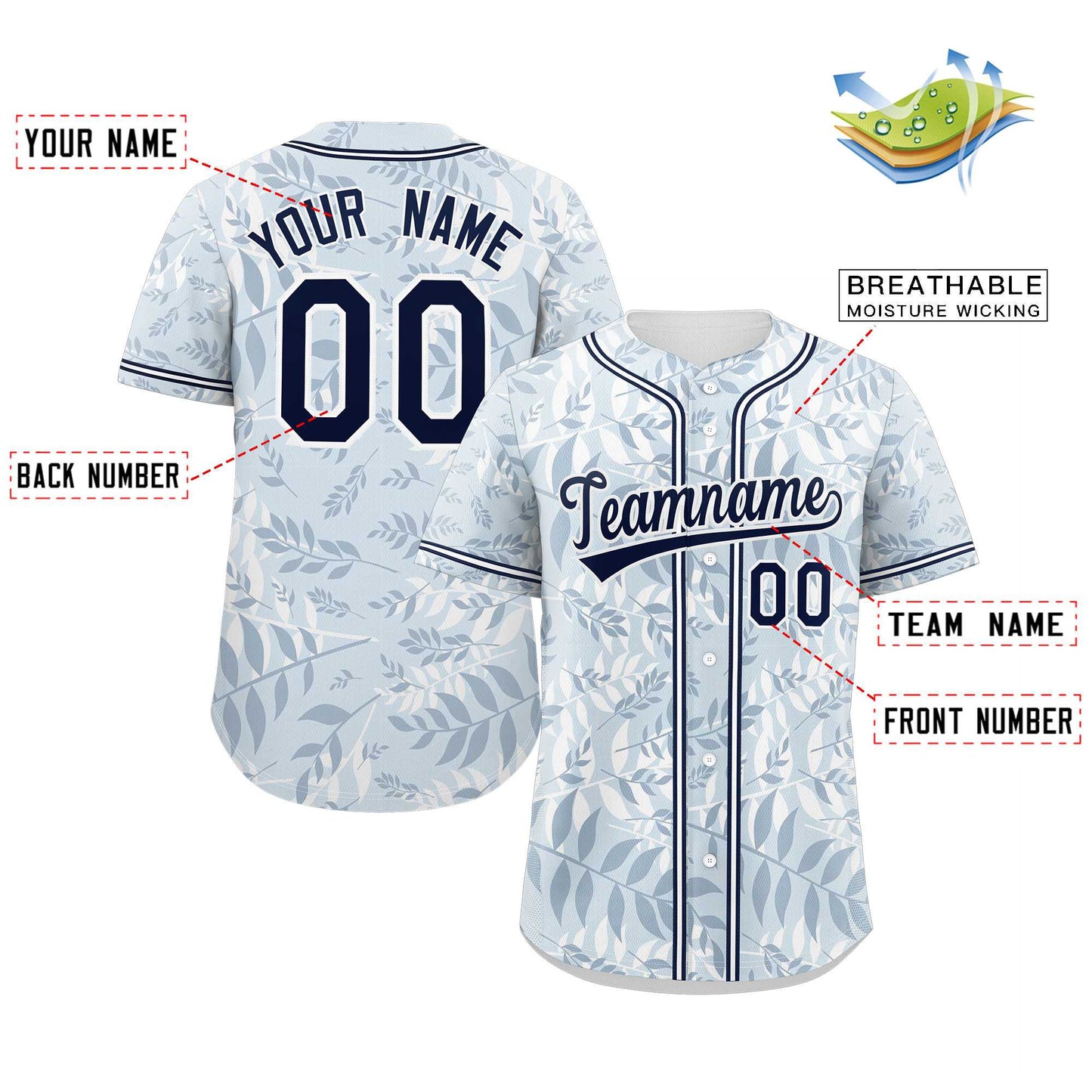 Custom Light Blue Navy-White Graffiti Pattern Authentic Palm Leaf Baseball Jersey