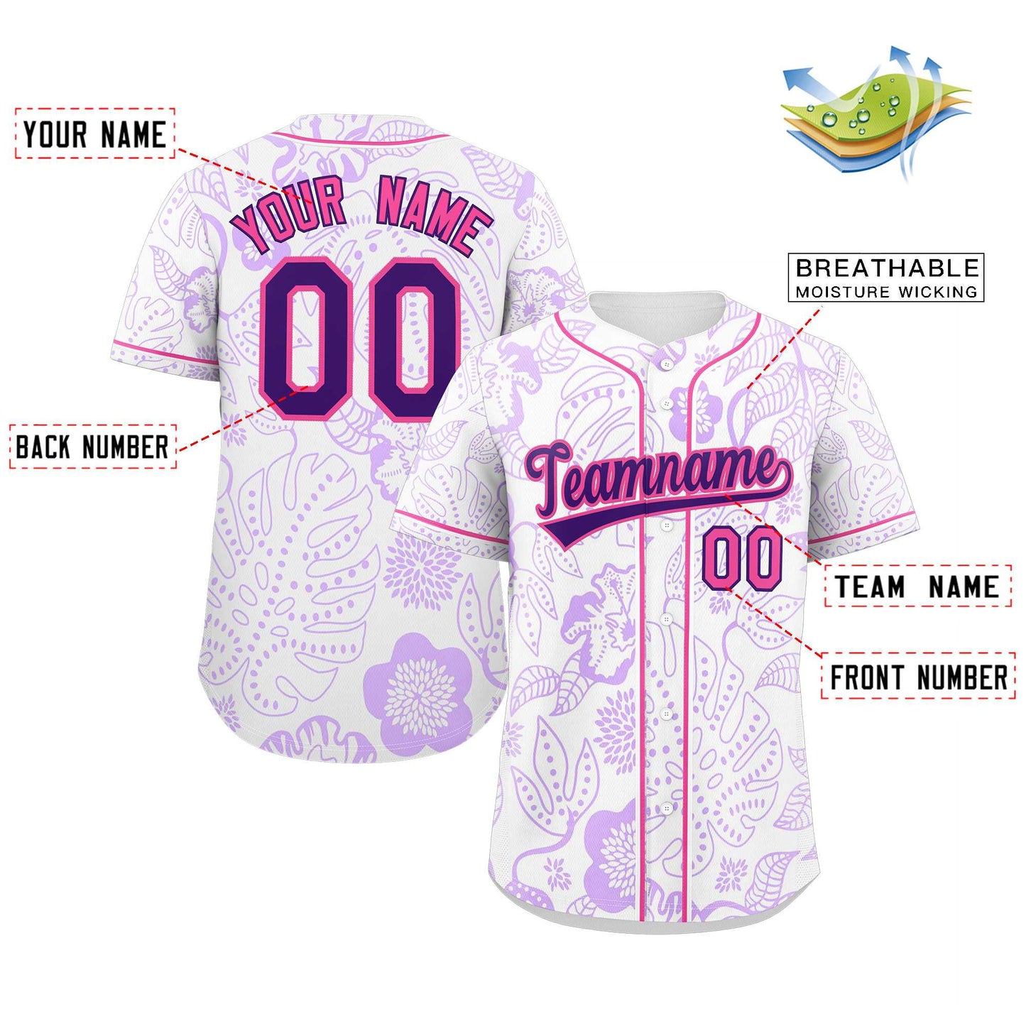 Custom White Purple-Pink Graffiti Pattern Authentic Leaves Baseball Jersey