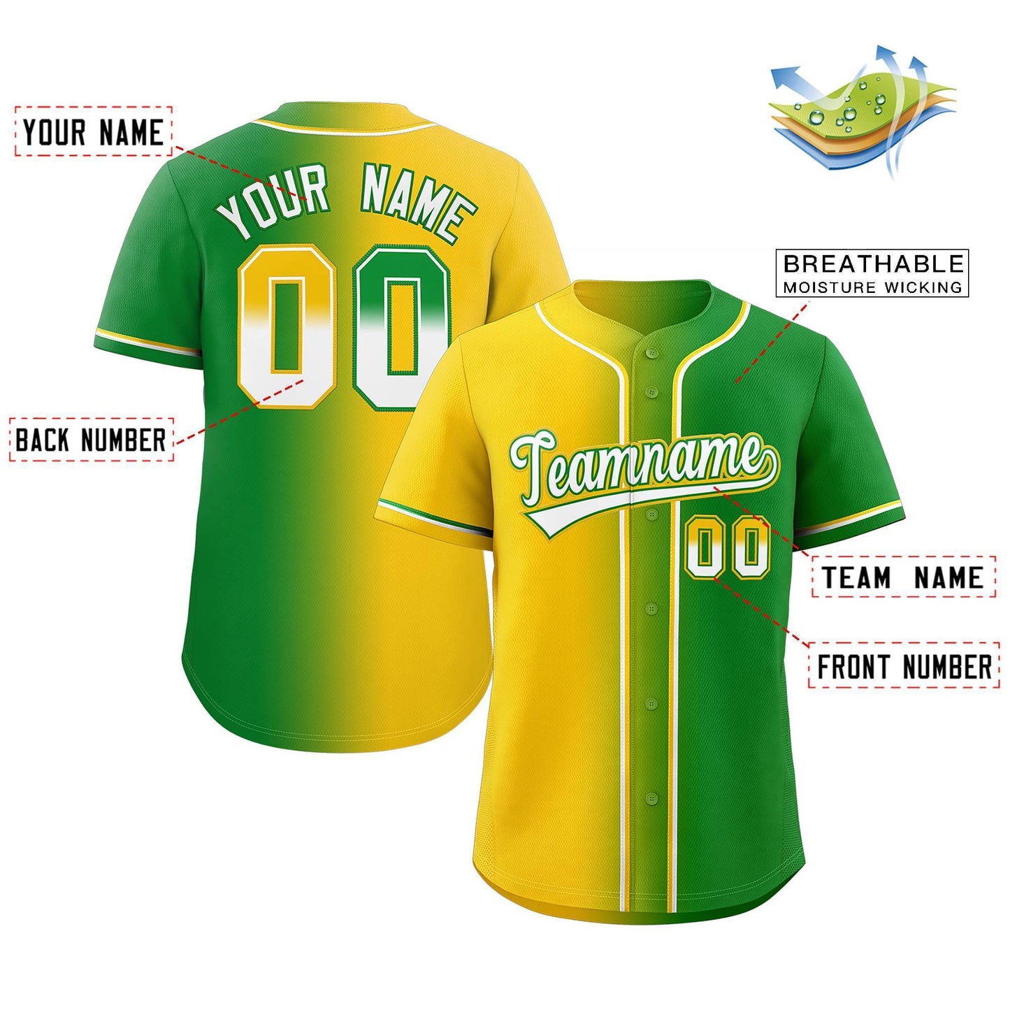 Custom Yellow White-Green Gradient Fashion Authentic Baseball Jersey