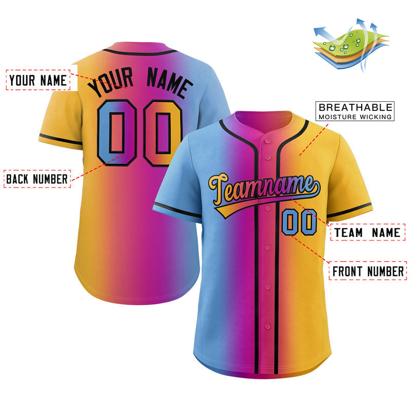 Custom Light Blue Purple-Pink-Yellow Gradient Fashion Authentic Baseball Jersey