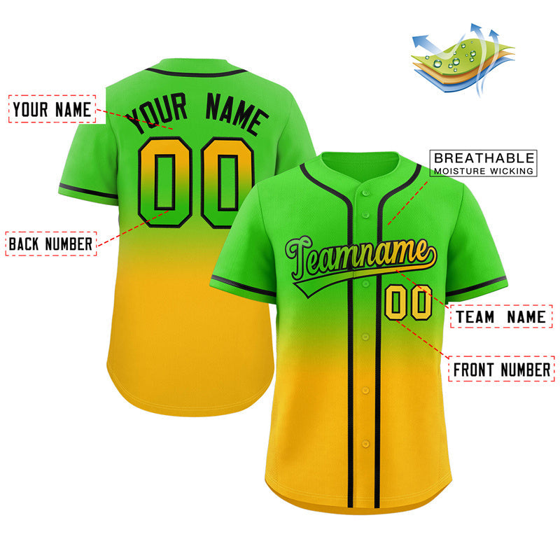 Custom Neon Green Gold Gradient Fashion Authentic Baseball Jersey