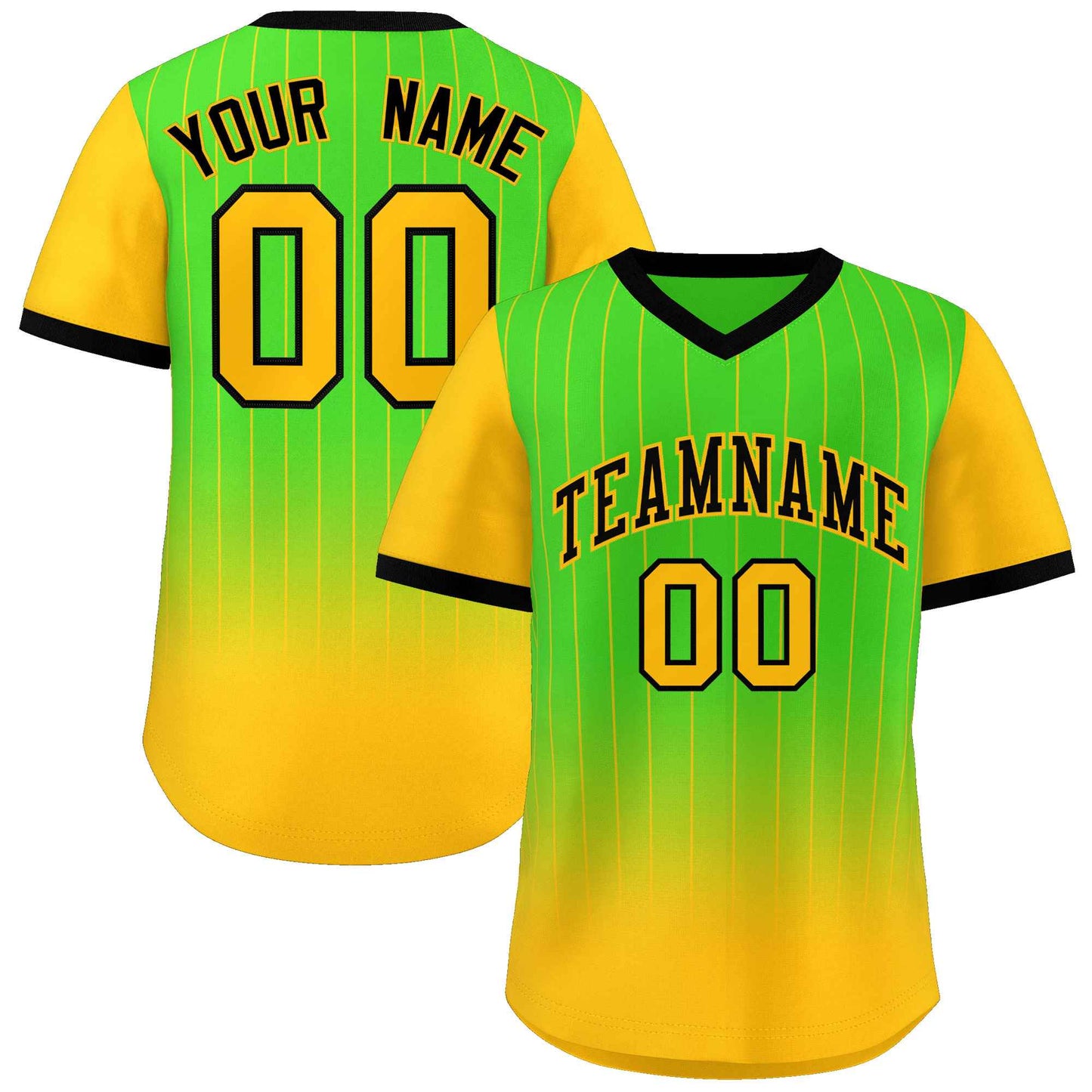 Custom Neon Green Gold-Black Gradient Fashion Authentic Pullover Pinstripe Baseball Jersey