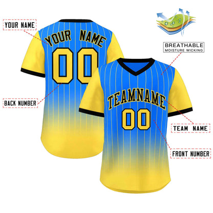 Custom Light Blue Gold-Black Gradient Fashion Authentic Pullover Pinstripe Baseball Jersey