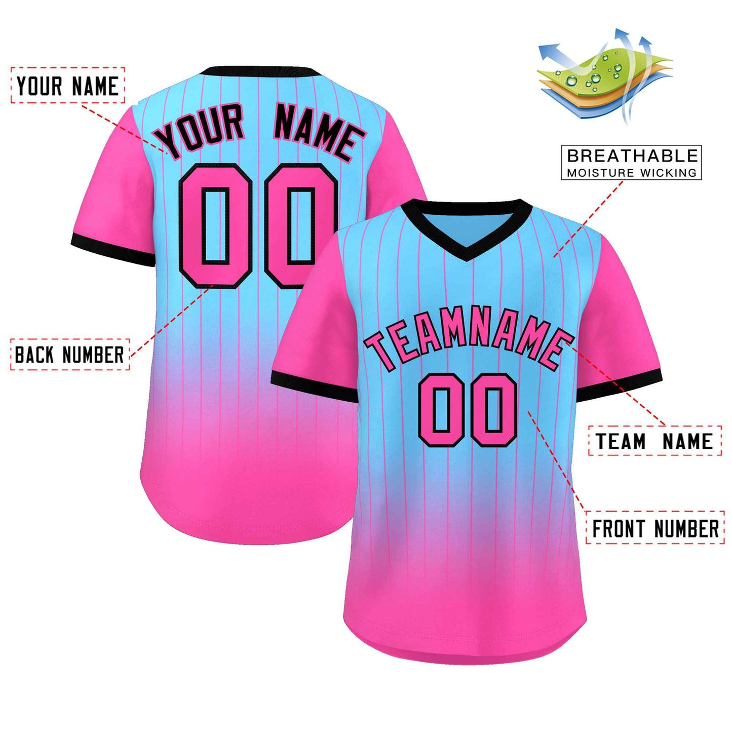 Custom Light Blue Pink-Black Gradient Fashion Authentic Pullover Pinstripe Baseball Jersey