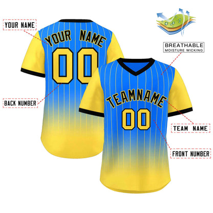 Custom Light Blue Gold-Black Gradient Fashion Authentic Pullover Pinstripe Baseball Jersey