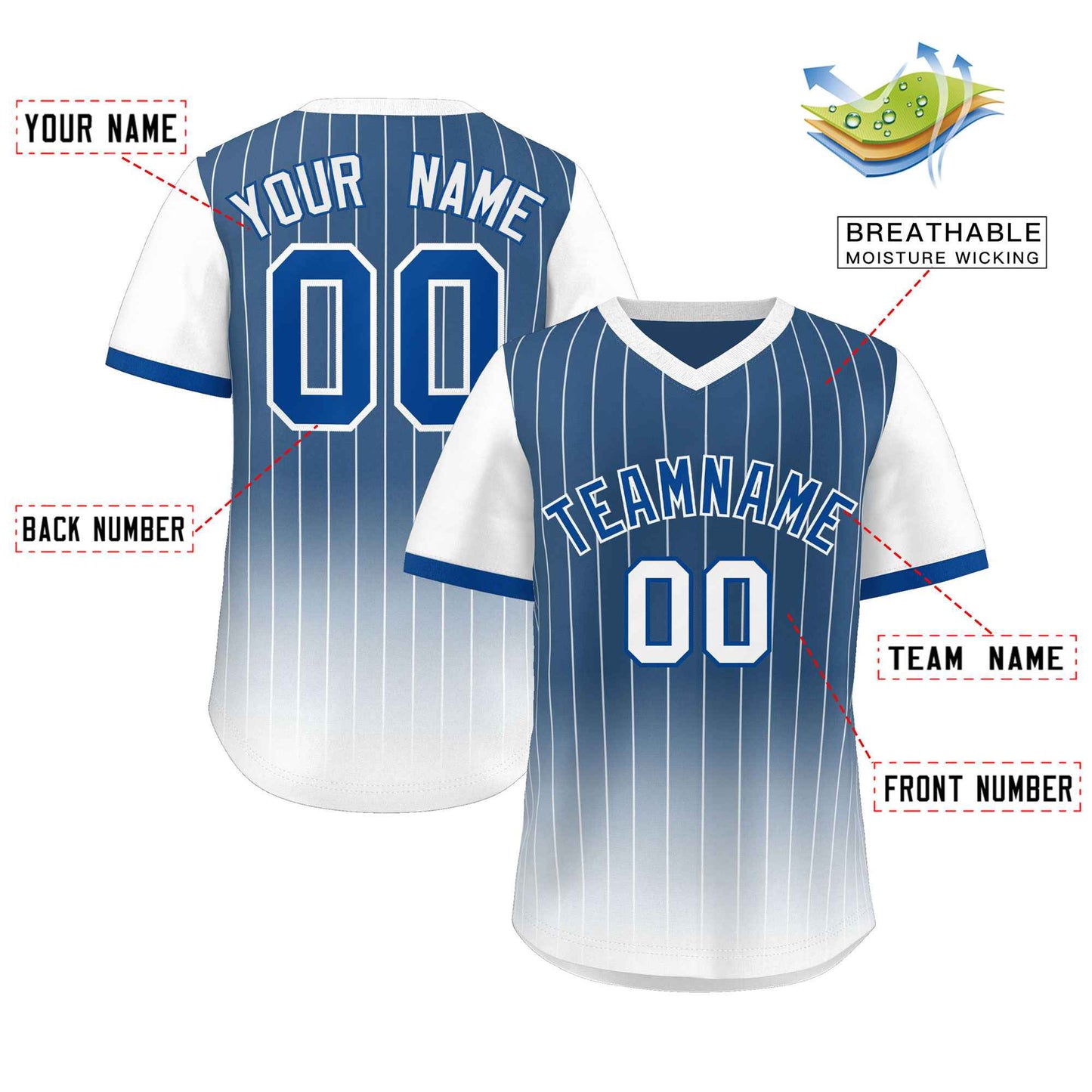 Custom Blue White-Royal Gradient Fashion Authentic Pullover Pinstripe Baseball Jersey