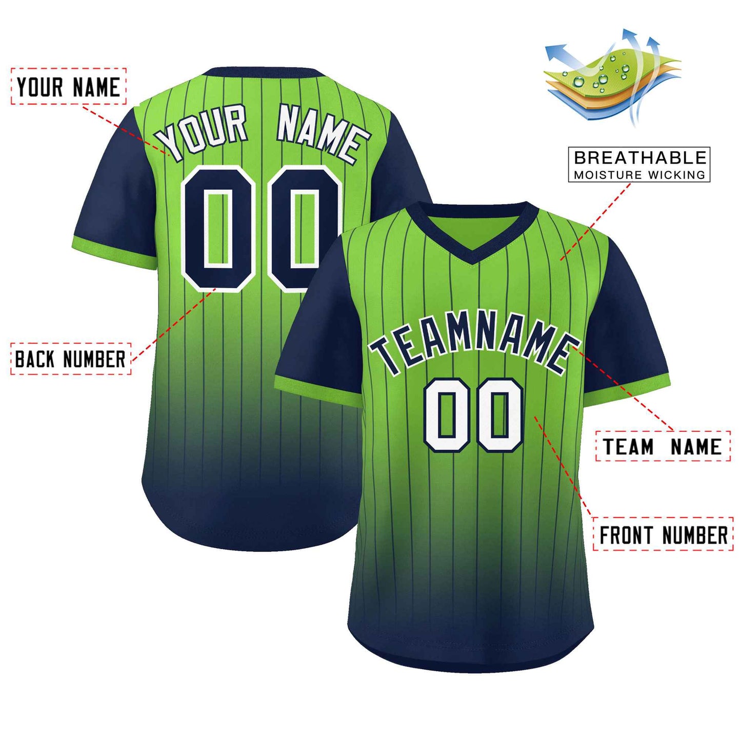 Custom Neon Green Navy-Black Gradient Fashion Authentic Pullover Pinstripe Baseball Jersey