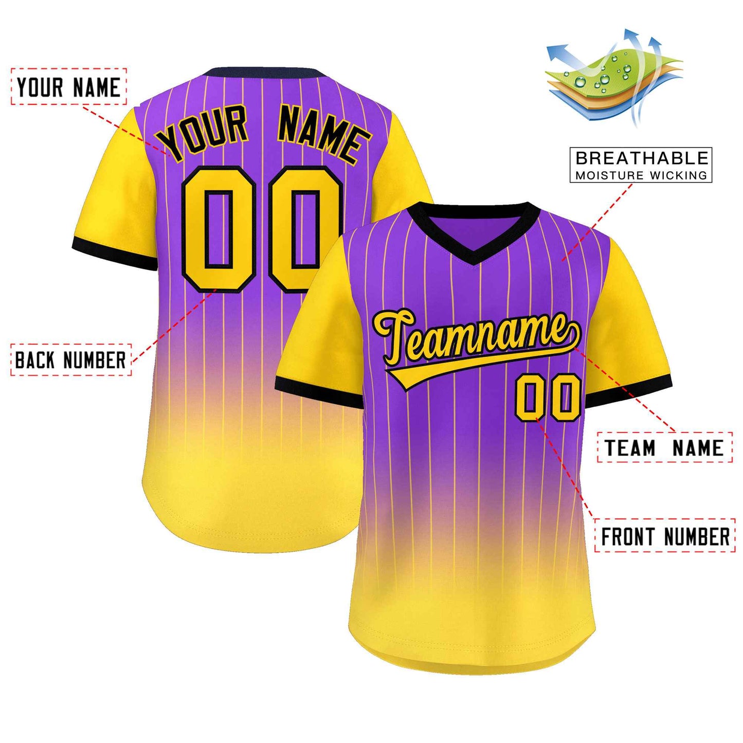 Custom Purple Gold-Black Gradient Fashion Authentic Pullover Pinstripe Baseball Jersey