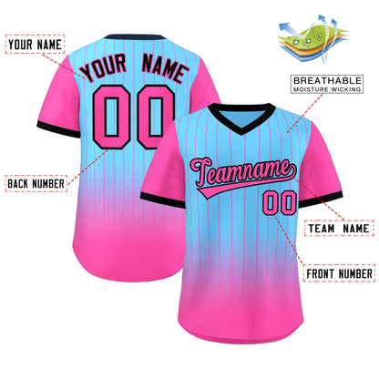 Custom Light Blue Pink-Black Gradient Fashion Authentic Pullover Pinstripe Baseball Jersey