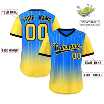 Custom Light Blue Gold-Black Gradient Fashion Authentic Pullover Pinstripe Baseball Jersey