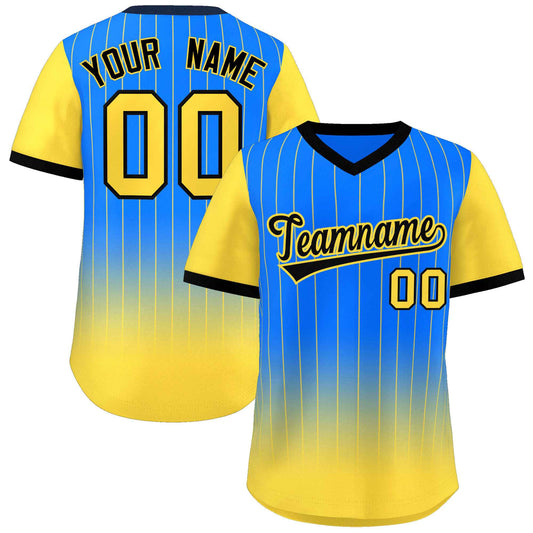 Custom Light Blue Gold-Black Gradient Fashion Authentic Pullover Pinstripe Baseball Jersey