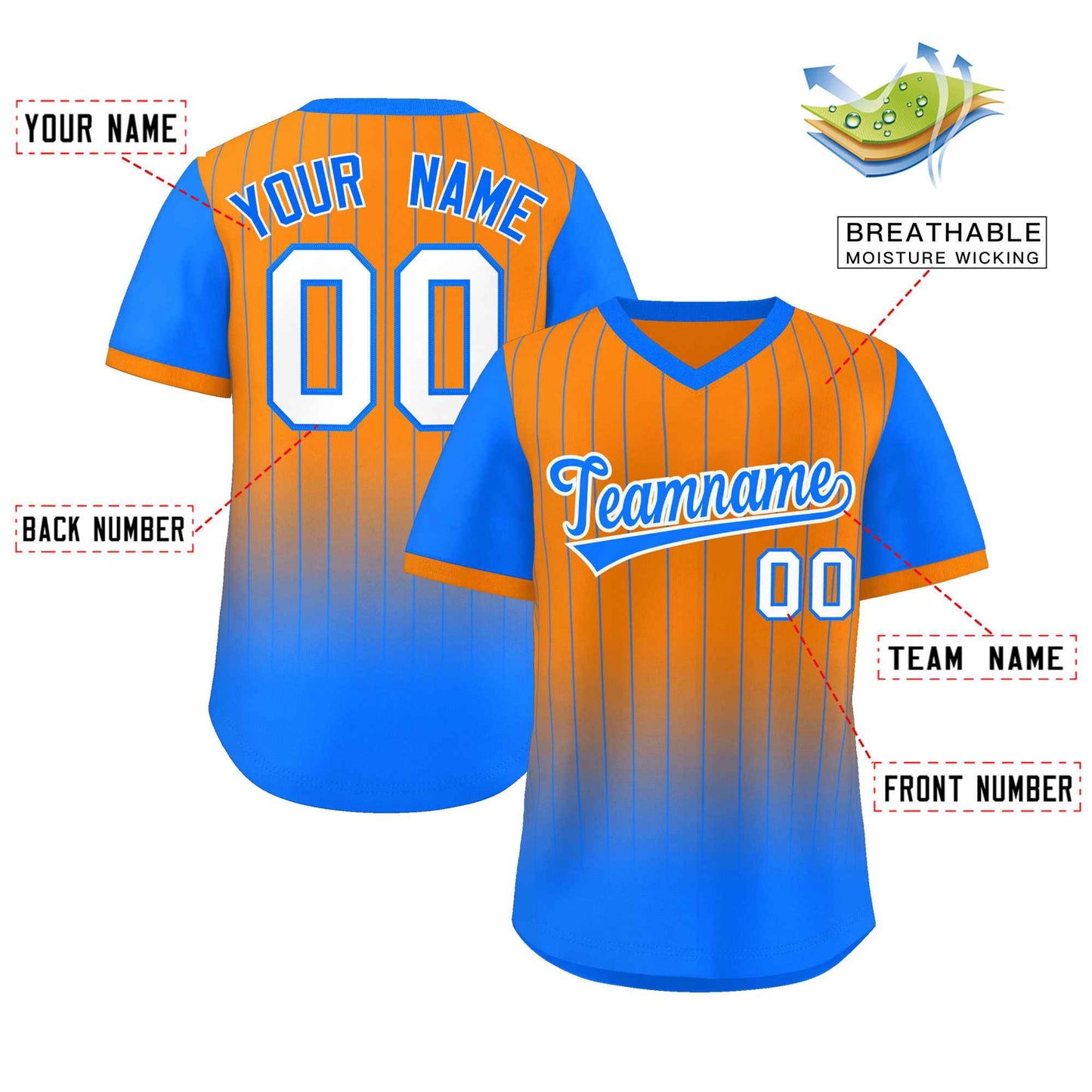 Custom Orange Light Blue-White Gradient Fashion Authentic Pullover Pinstripe Baseball Jersey