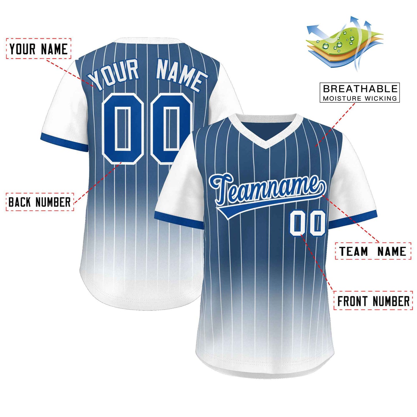 Custom Blue White-Royal Gradient Fashion Authentic Pullover Pinstripe Baseball Jersey