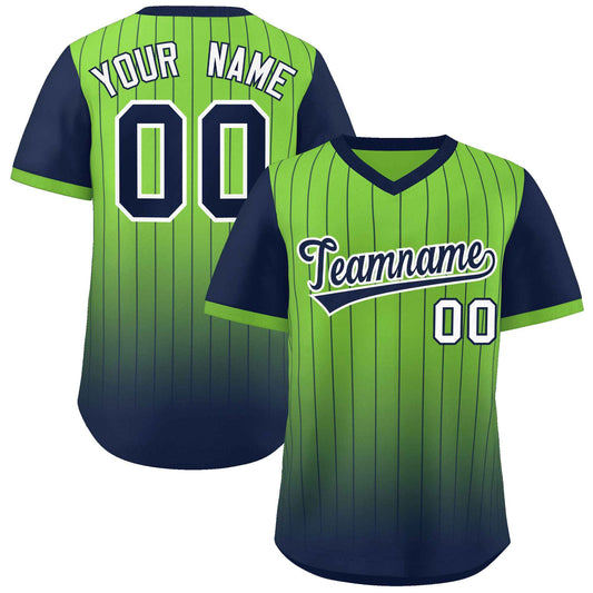 Custom Neon Green Navy-Black Gradient Fashion Authentic Pullover Pinstripe Baseball Jersey