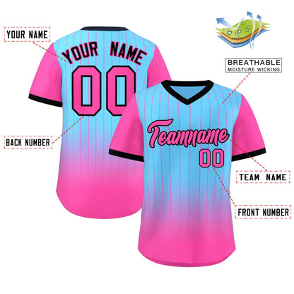 Custom Light Blue Pink-Black Gradient Fashion Authentic Pullover Pinstripe Baseball Jersey