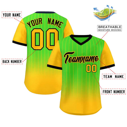 Custom Neon Green Gold-Black Gradient Fashion Authentic Pullover Pinstripe Baseball Jersey