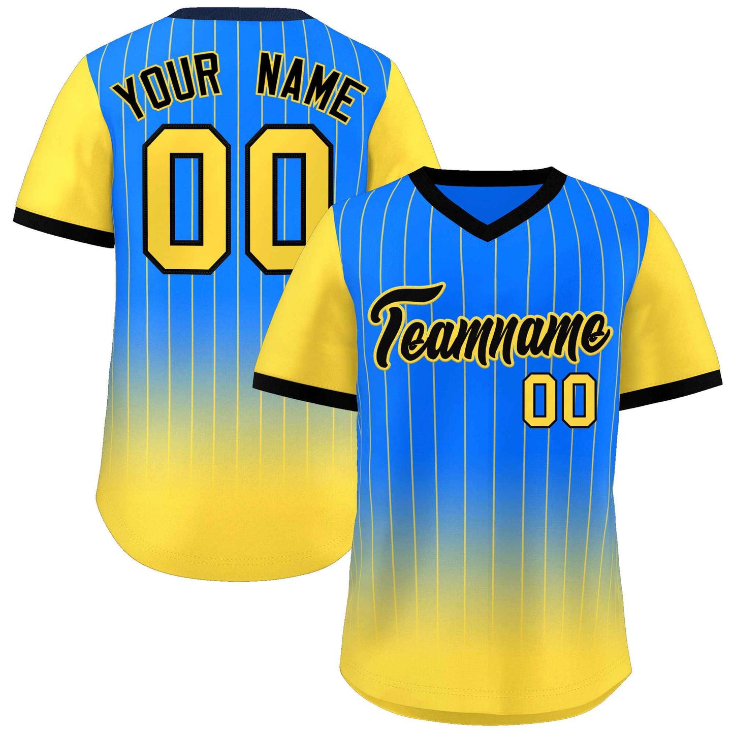 Custom Light Blue Gold-Black Gradient Fashion Authentic Pullover Pinstripe Baseball Jersey