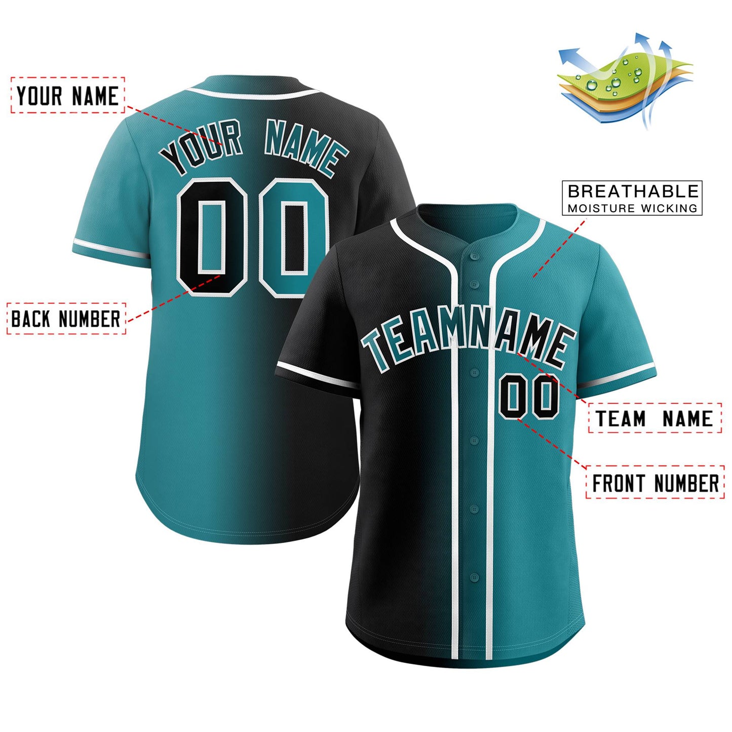 Custom Black Teal-White Gradient Fashion Authentic Baseball Jersey