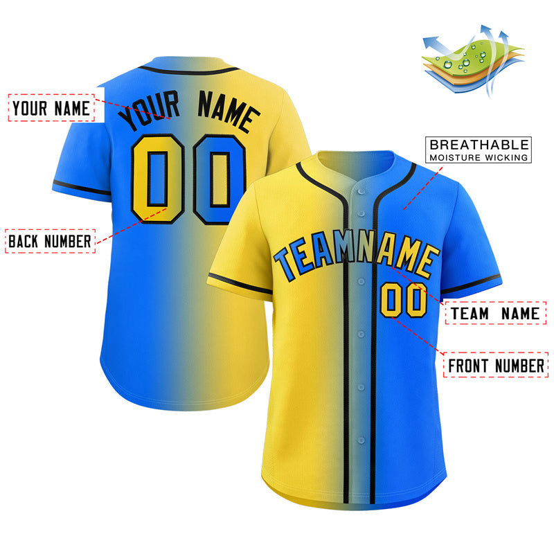 Custom Powder Blue Gold-Black Gradient Fashion Authentic Baseball Jersey