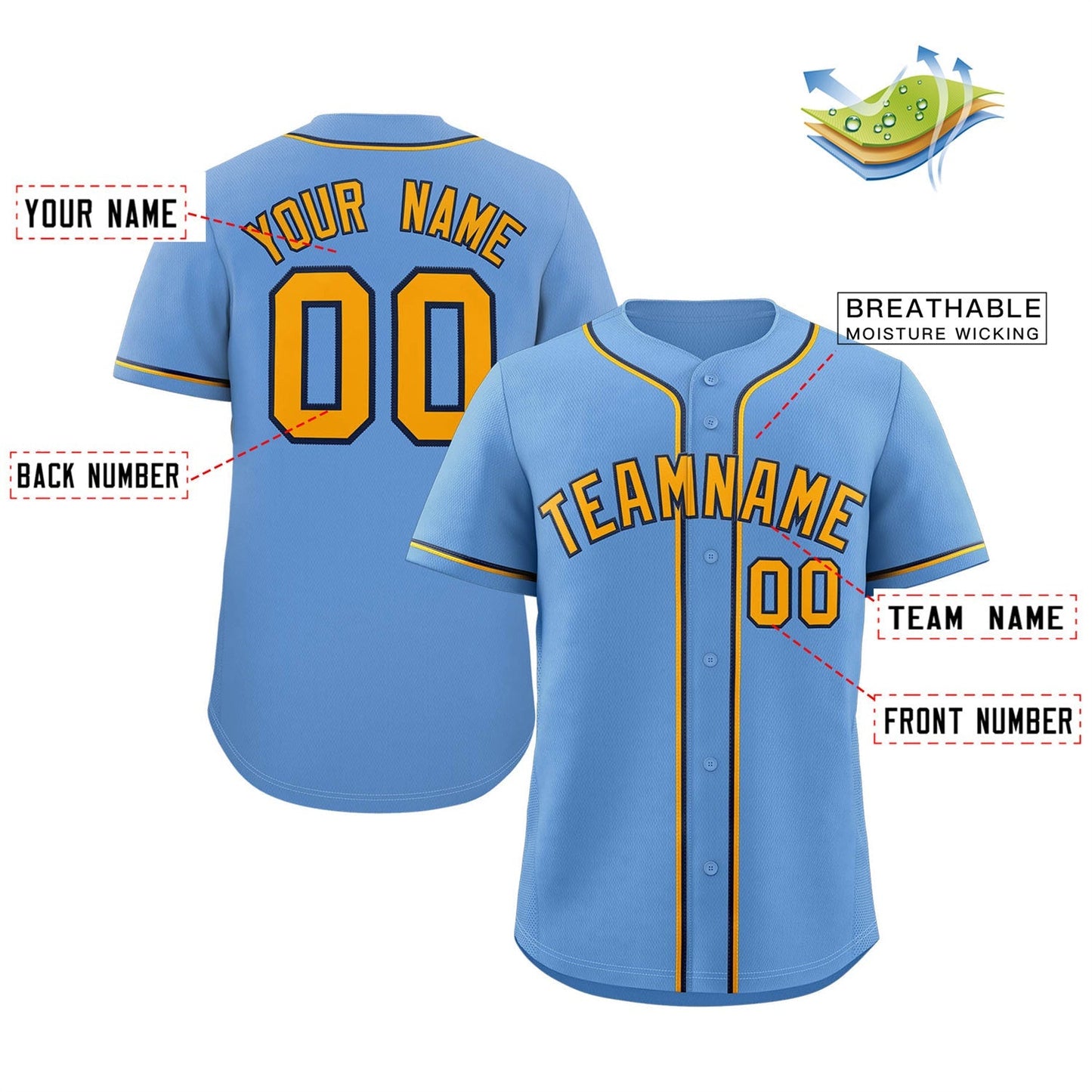 Custom Light Blue Yellow-Navy Classic Style Authentic Baseball Jersey