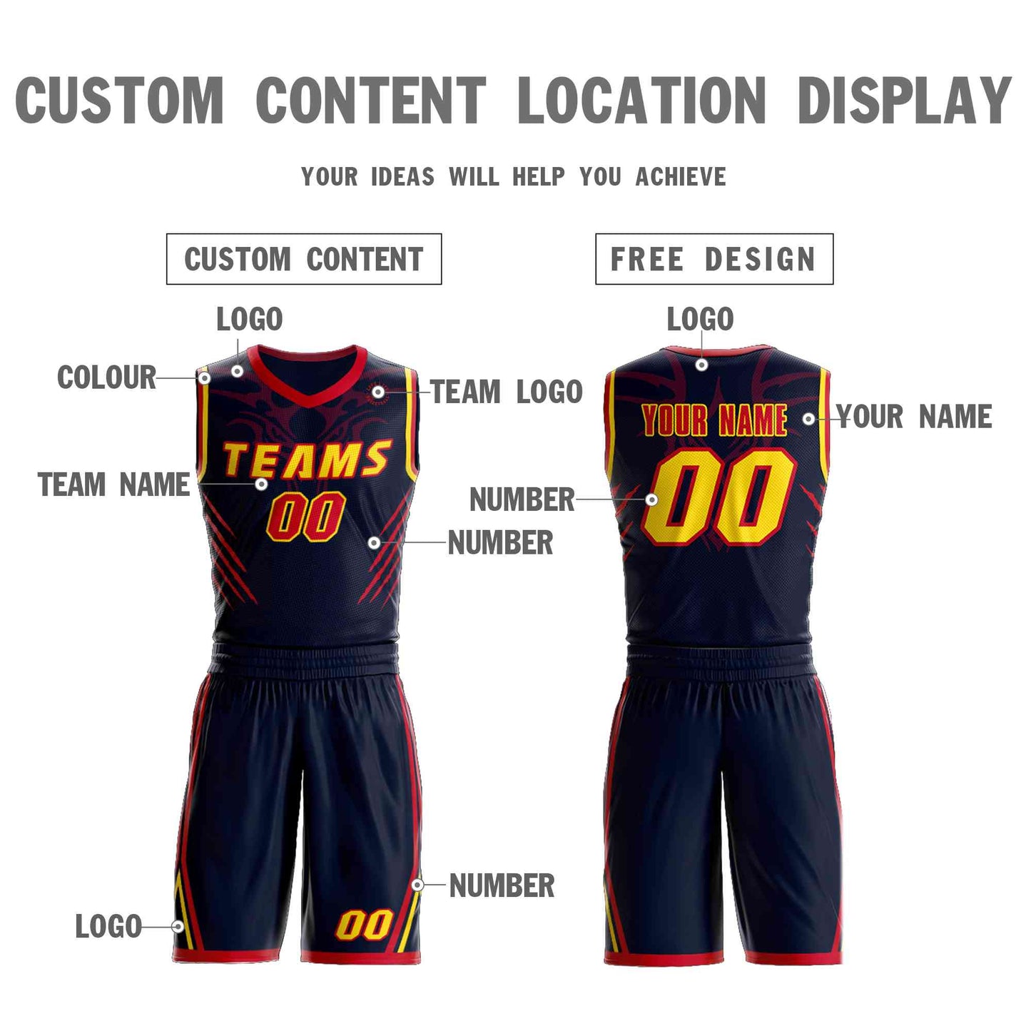 Custom Navy Gold-Red Graffiti Pattern Sets Claw Element Basketball Jersey