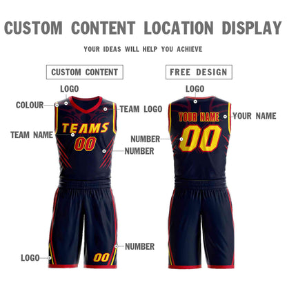 Custom Navy Gold-Red Graffiti Pattern Sets Claw Element Basketball Jersey