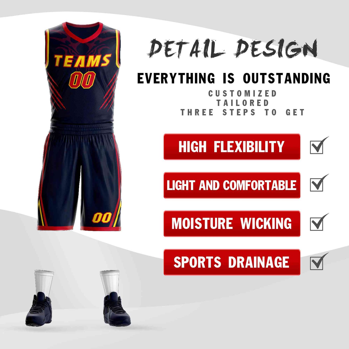 Custom Navy Gold-Red Graffiti Pattern Sets Claw Element Basketball Jersey