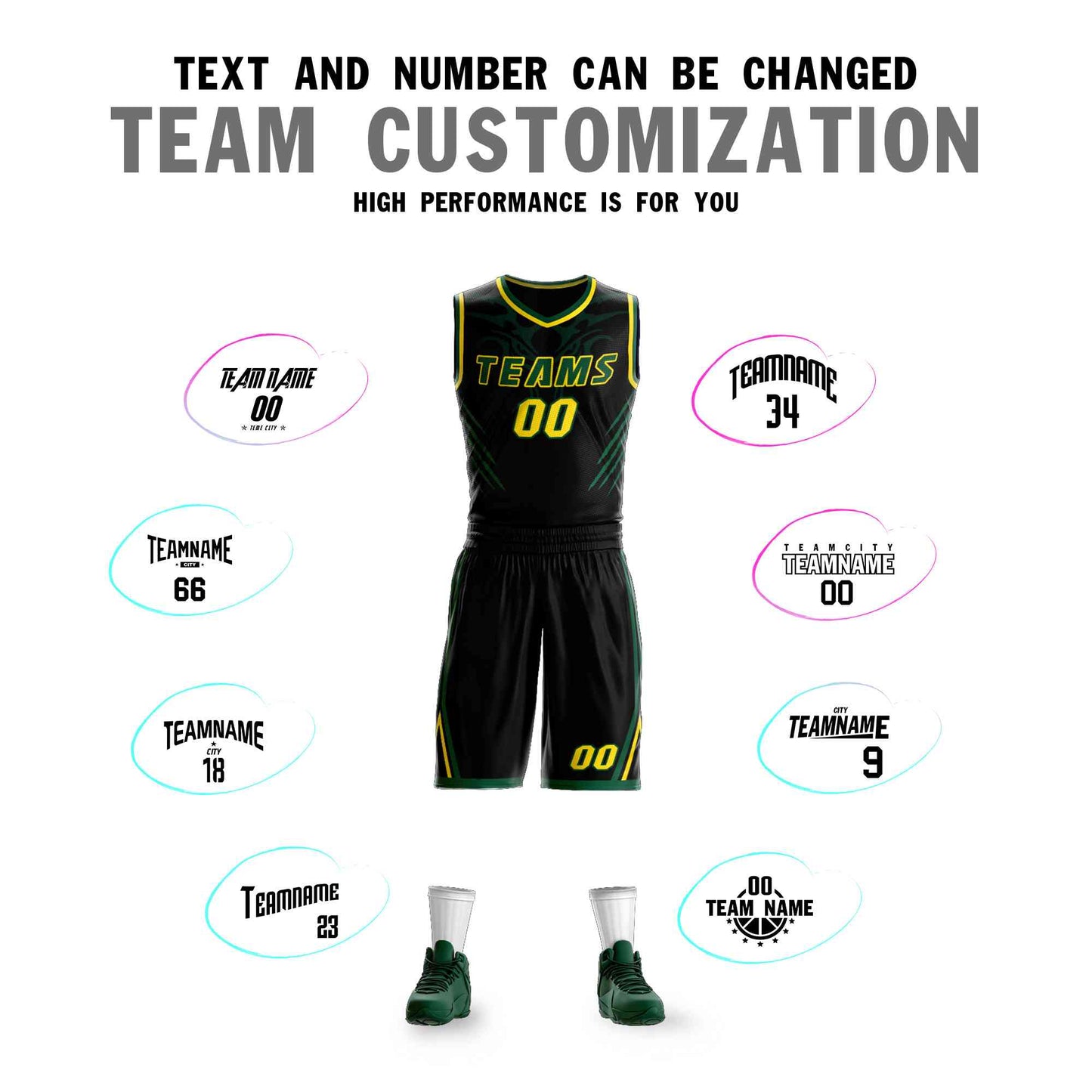 Custom Black Green-Gold Graffiti Pattern Sets Claw Element Basketball Jersey