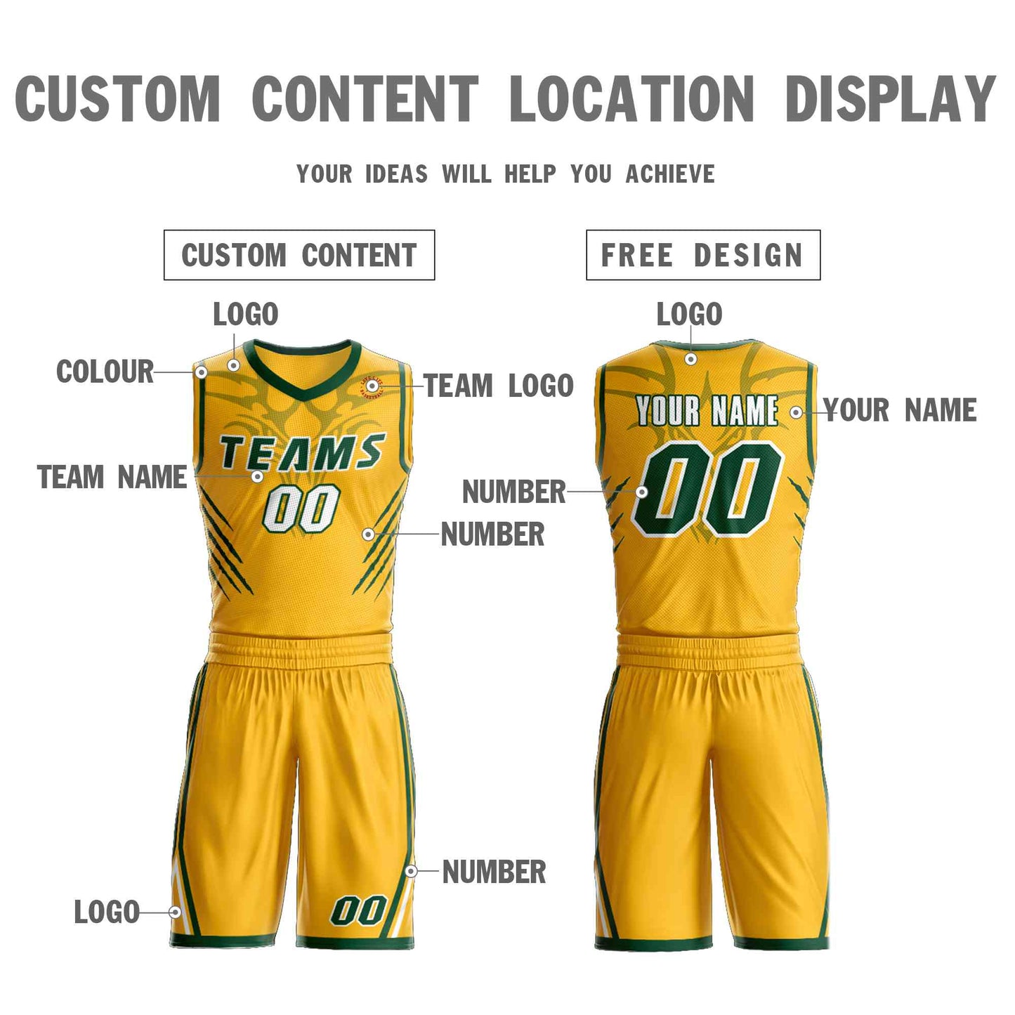 Custom Gold Green-White Graffiti Pattern Sets Claw Element Basketball Jersey