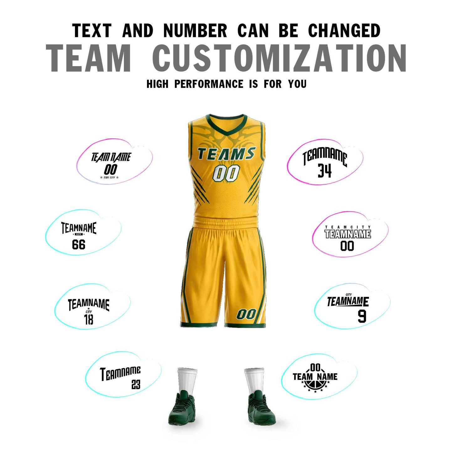 Custom Gold Green-White Graffiti Pattern Sets Claw Element Basketball Jersey