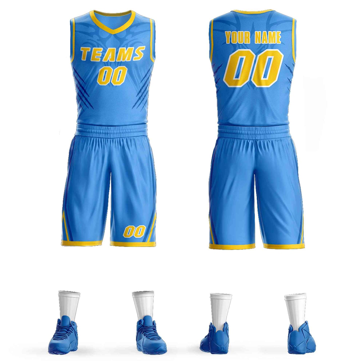 Custom Powder Blue Gold-White Graffiti Pattern Sets Claw Element Basketball Jersey