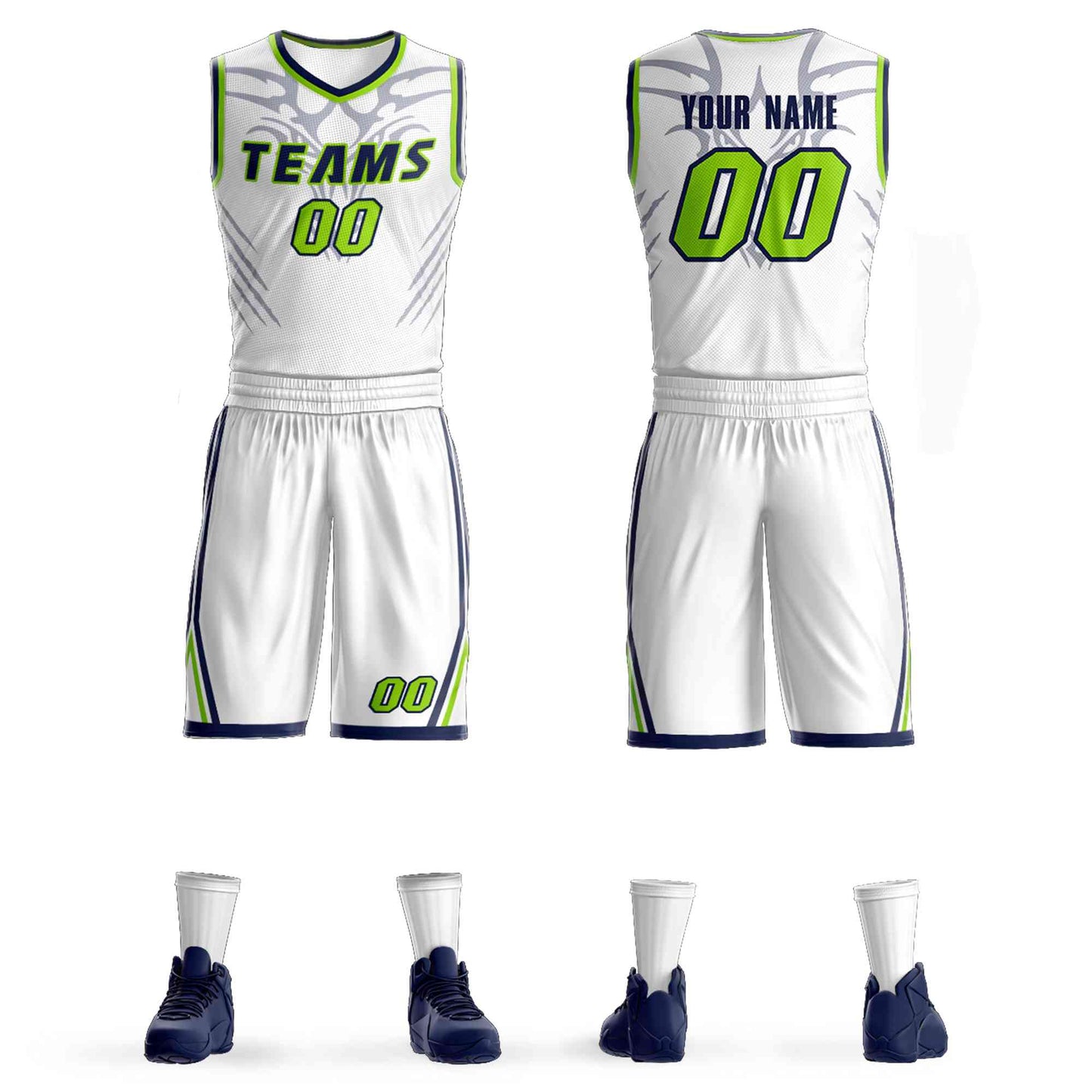 Custom White Navy-Light Green Graffiti Pattern Sets Claw Element Basketball Jersey