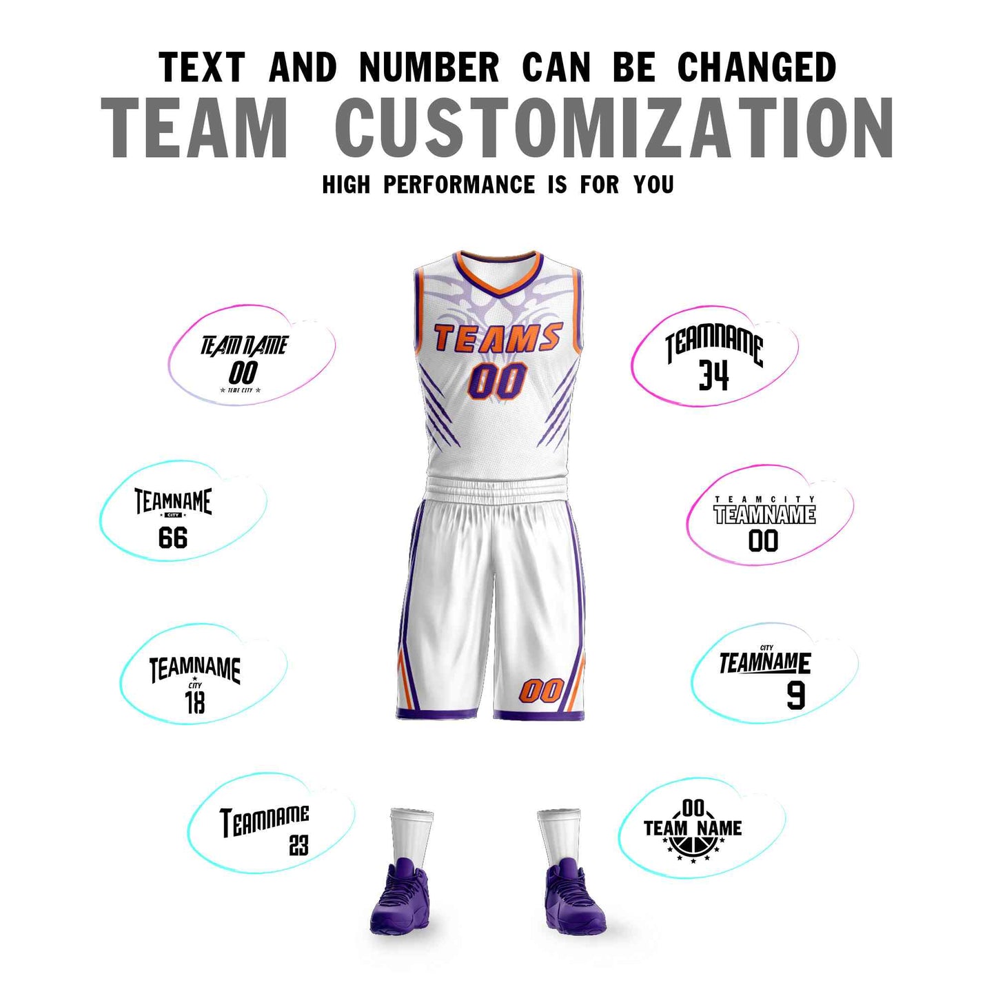 Custom White Orange-Purple Graffiti Pattern Sets Claw Element Basketball Jersey