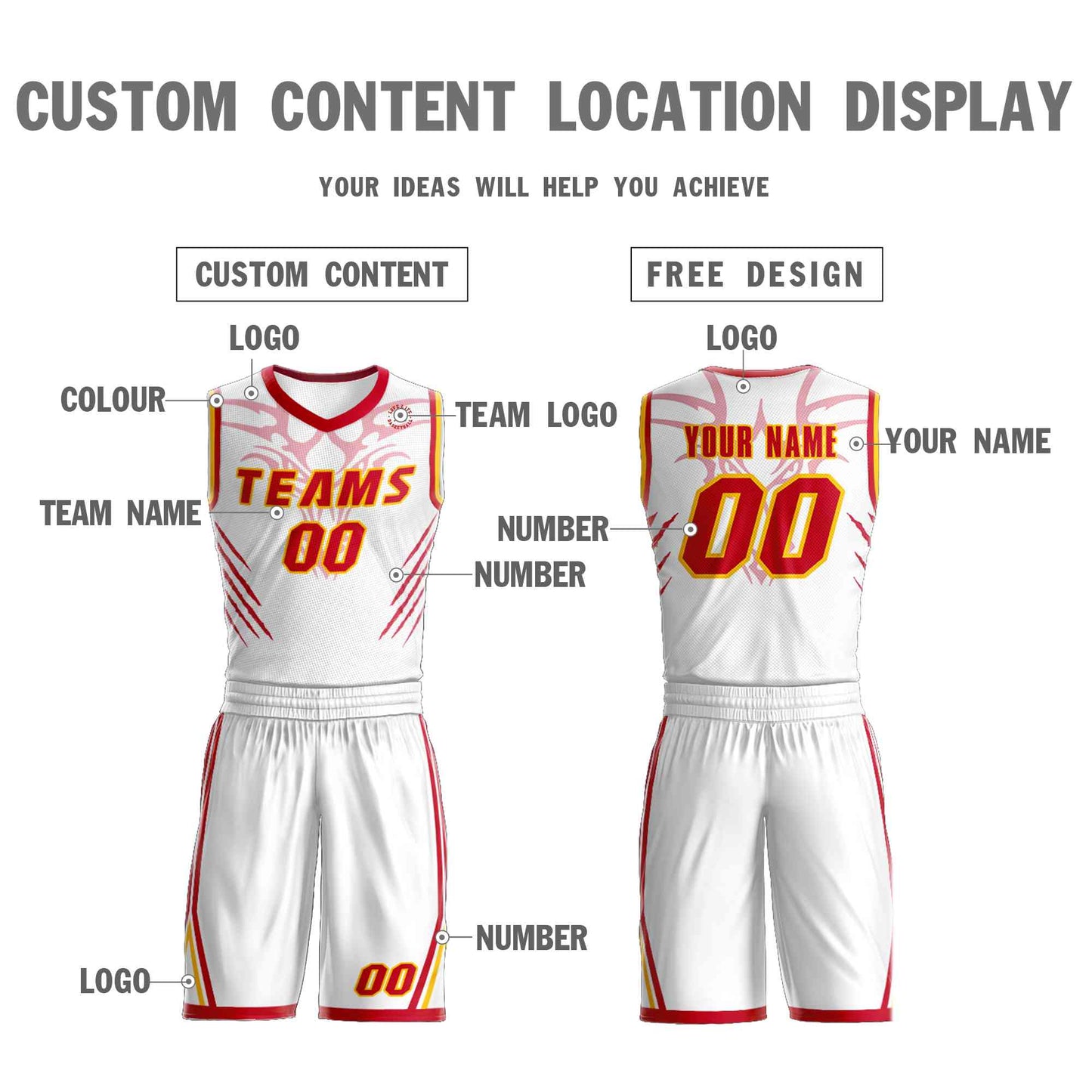 Custom White Gold-Red Graffiti Pattern Sets Claw Element Basketball Jersey