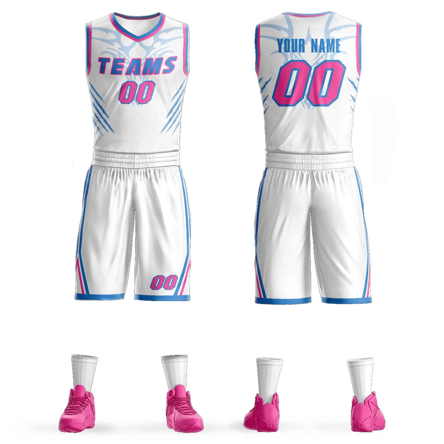 Custom White Powder Blue-Pink Graffiti Pattern Sets Claw Element Basketball Jersey